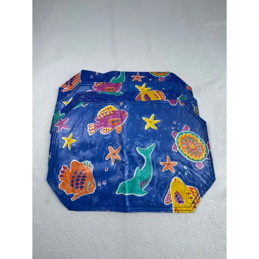 Coastal Sea Life Placemat Set Blue Ocean Fish Sea Turtle Wipeable Vinyl 4pc